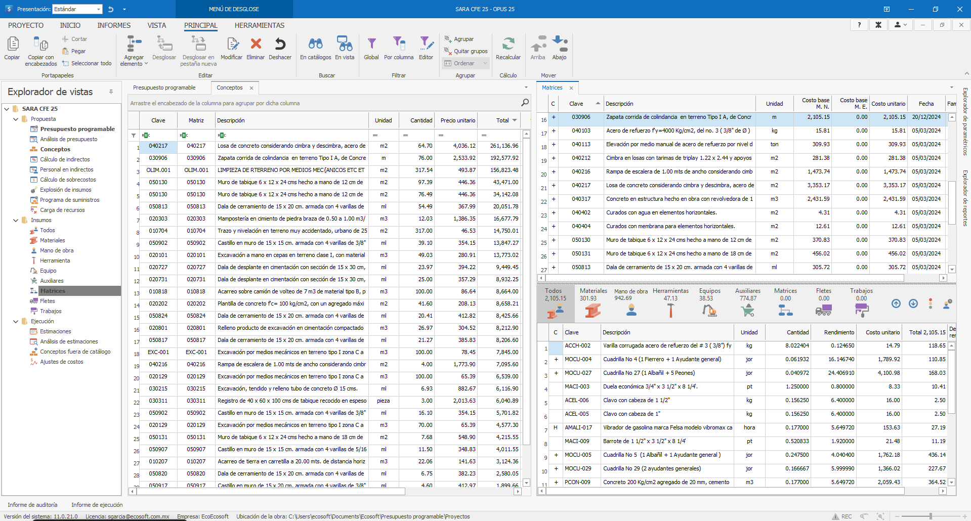 Conceptos y matrices de precios unitarios en OPUS